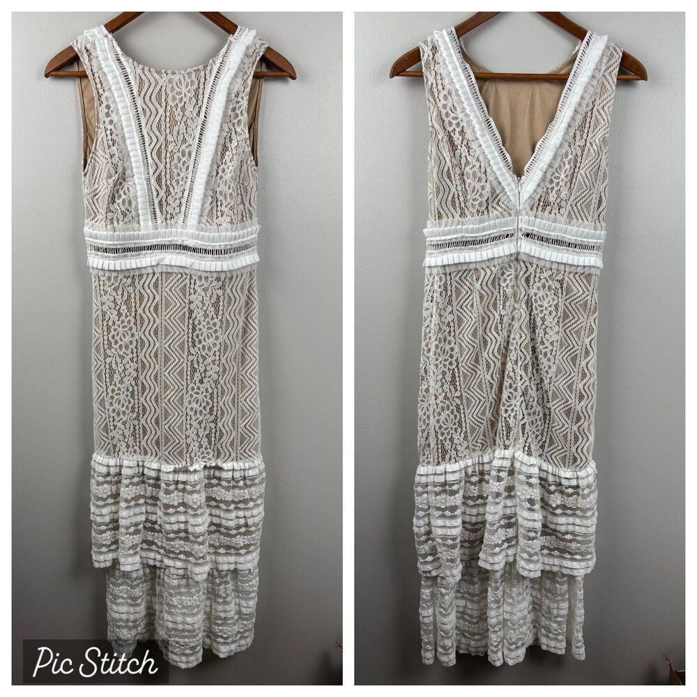 Lulus Dress Off White Floral Lace SMALL Maxi Long Tiered Ruffle Wedding Formal